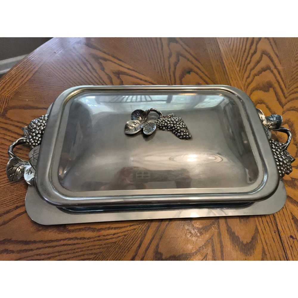 Godinger Silverplate Grape Vine 3 Qt Casserole Glass Dish Tray Lid Vintage